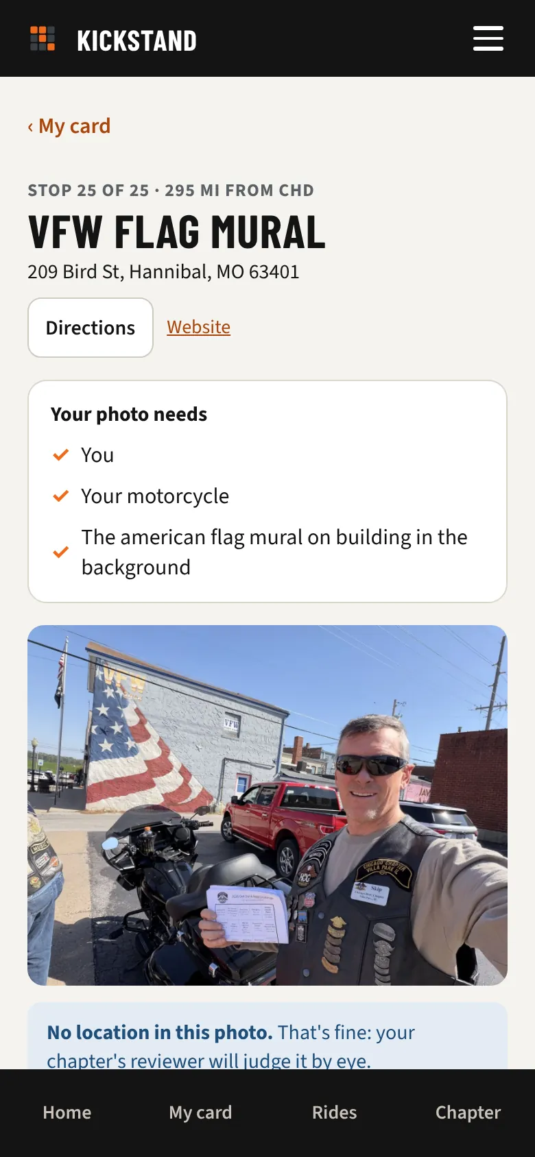 Checking in at a stop: the photo checklist and the rider's photo at the mural
