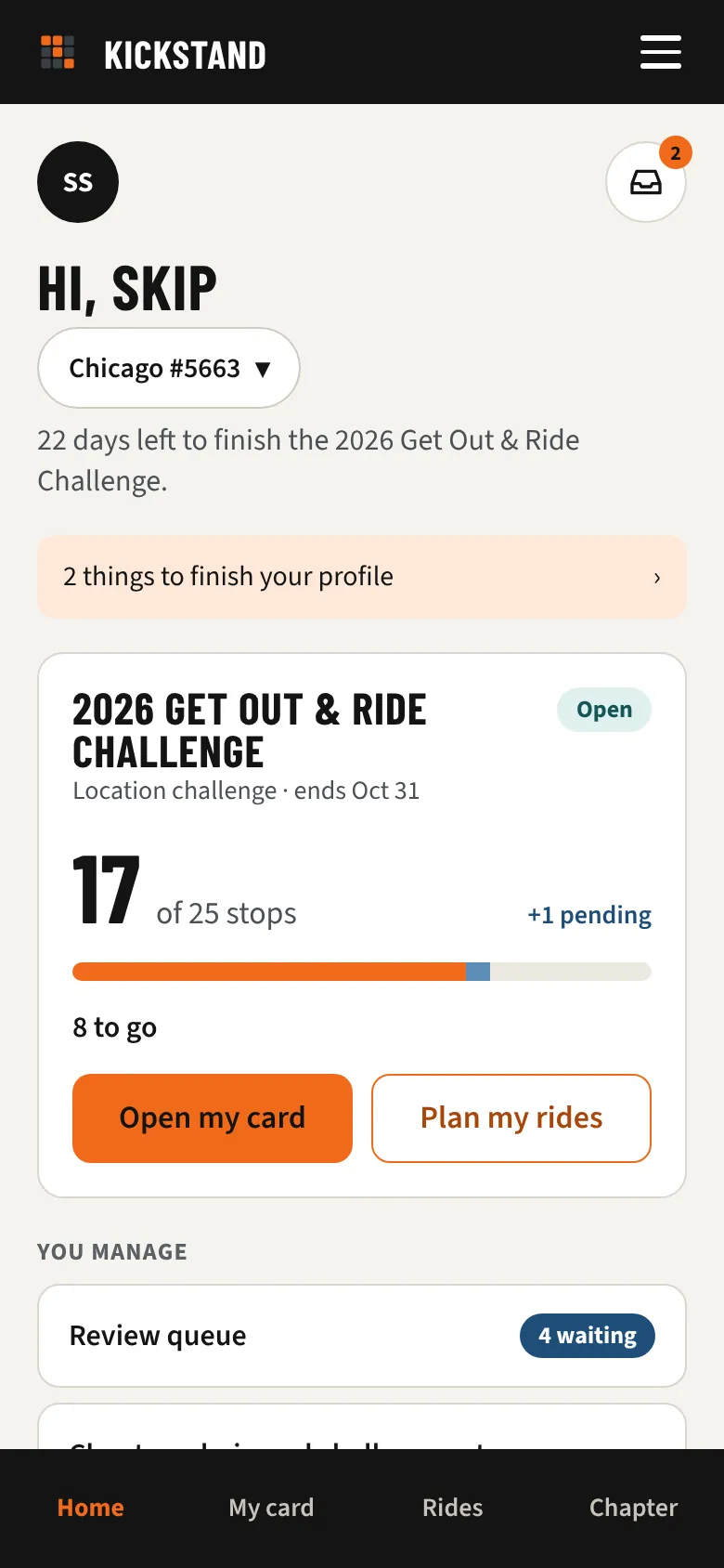 Home in the app: the chapter's challenge, 17 of 25 stops, and buttons to open the card or plan rides