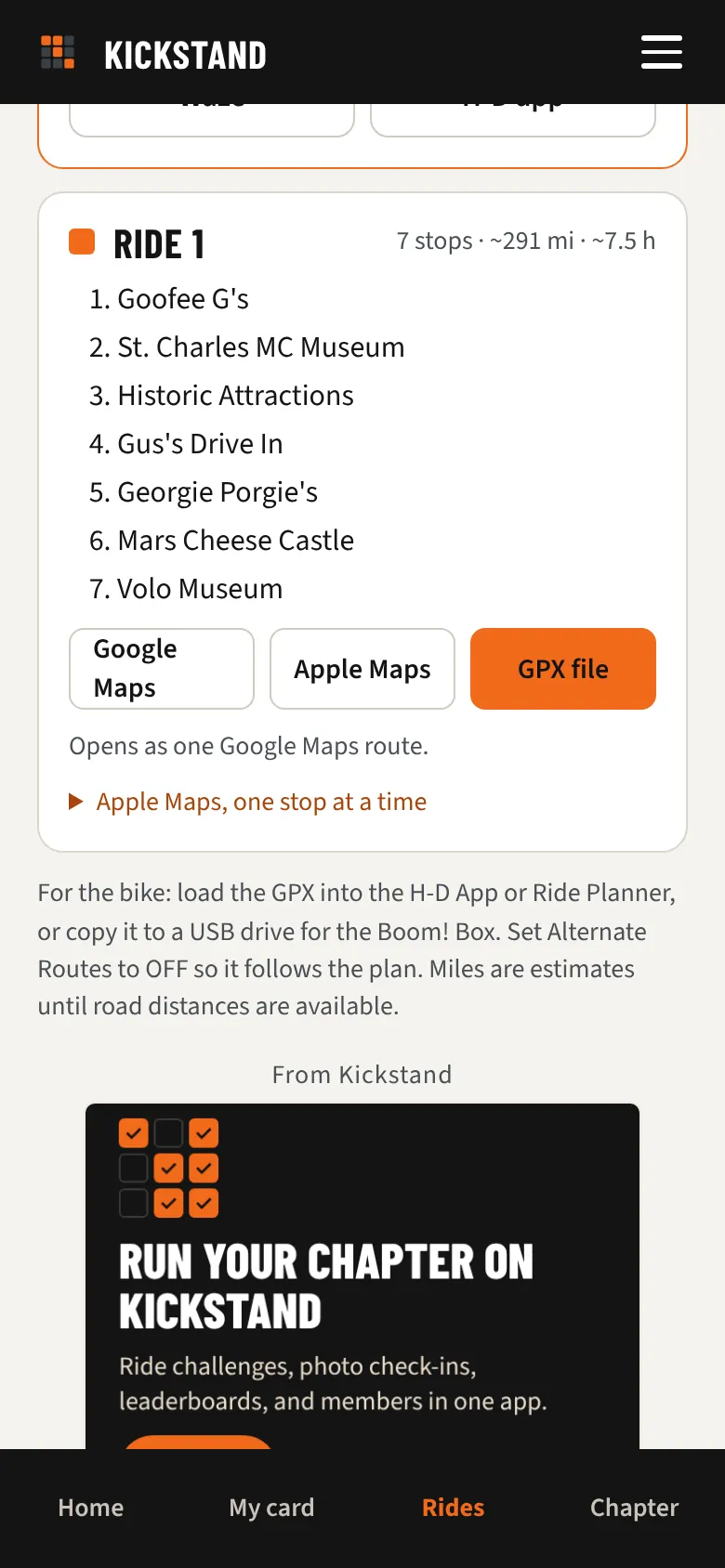 The ride planner: one 291 mile loop from the dealer covering 7 stops