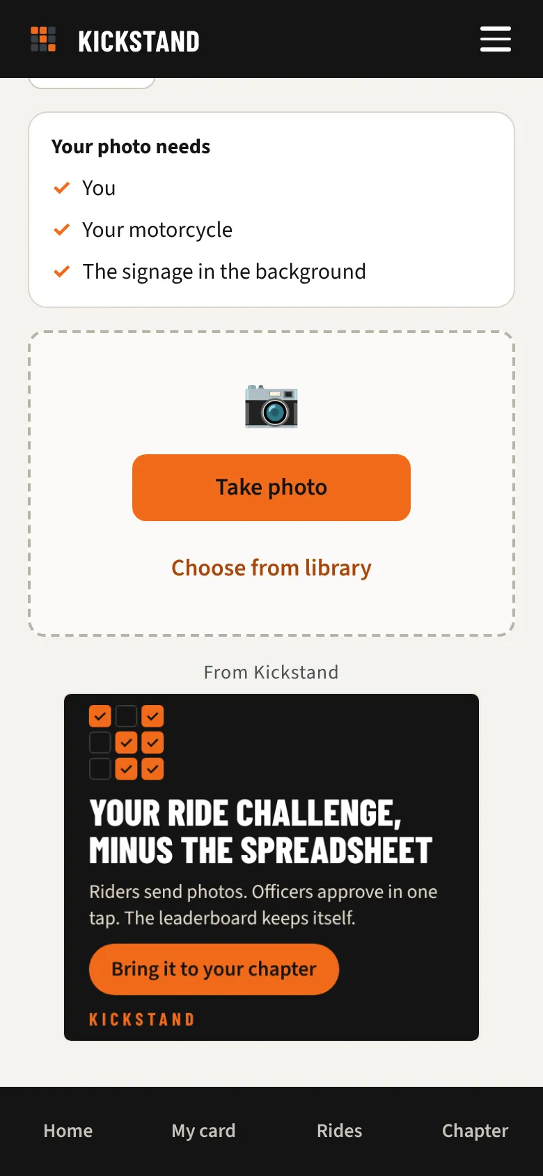 A stop screen in the app with the photo checklist, the Take photo button, and an ad below it